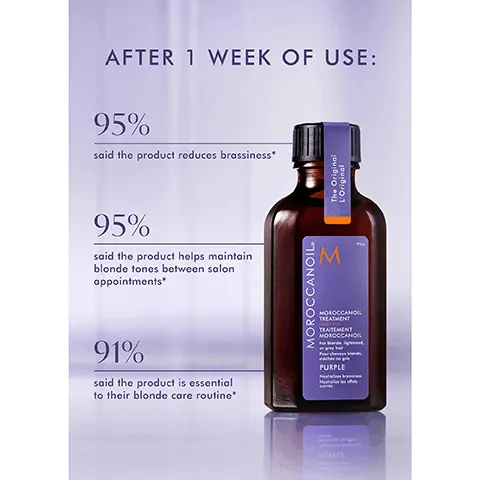 AFTER 1 WEEK OF USE 95% said the product reduces brassiness, 95% said the product helps maintain blonde tones between salon appointments, 91% said the product is essential to their blonde care routine. BEFORE, AFTER 1 WEEK. Neutralizes brassiness over time, Detangles and boosts shine, For blonde, lightened, or silver hair. LINSEED EXTRACT helps hair look and feel healthier. ARGAN OIL helps hydrate and soften hair. VIOLET PIGMENTS neutralize brassy tones. YOUR ANTI-BRASS ROUTINE DAILY CARE, WEEKLY CARE.