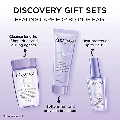 Discovery Gift Sets. Healing care for blonde hair. Cleanse lengths of impurities and dulling agents. Heat protection up to 230 degrees C. Softens hair and prevents breakage. Instrumental test. Anti-oxidants. Edelweiss flower. Hyaluronic acid. Suitable for travel. Before. After. Illustration of the anticipated results obtained after applying the products Bain cicaextreme. Bain ultra-violet. Masque cicaextreme, Huille cicaextreme after one use. Results may vary from one inidividual to another.