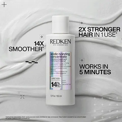 Image 1 - A white bottle of Redken Acidic Bonding Concentrate intensive treatment is centered on a light gray background, with the text stating it makes hair 2X stronger in one use, 14X smoother, and works in 5 minutes.
Image 10 - Image shows a review with five stars rating for Redken Bond Repair Hair Set, featuring a pink box with three hair care products beside it, along with the text: Game changer Absolutely blown away, completely changed my hair and how it feels/looks. Definitely buying the full-size bottles *Lookfantastic verified customer review.
Image 2 - A shampoo bottle sits surrounded by foam against a dark background, featuring text that states 56% less breakage, 11x smoother, and silky finish & glossy shine, with the brand name Redken and product details visible.
Image 3 - Image of a white bottle with a flip-top cap showing a cream inside, with text indicating benefits: 56% less breakage*, 90% more conditioned*, and 11X smoother**.
Image 4 - An abstract arrangement of creamy white product textures surrounds bold text that reads CITRIC ACID + BONDING CARE COMPLEX HELPS REPAIR BONDS + PREVENT FUTURE DAMAGE.
Image 5 - Image shows a comparison of hair before and after treatment, with the left side portraying dry, frizzy hair labeled BEFORE and the right side displaying smooth, straight hair labeled AFTER ONE USE* with additional text at the bottom reading *SYSTEM OF ACIDIC BONDING CONCENTRATE INTENSIVE TREATMENT, SHAMPOO, CONDITIONER & LEAVE-IN VS. UNDAMAGED HAIR.
Image 6 - A side-by-side comparison of curly hair showing the left side labeled BEFORE with frizzy, dry curls and the right side labeled AFTER ONE USE* with defined, shiny curls, with small text at the bottom reading SYSTEM OF ACIDIC BONDING CONCENTRATE INTENSIVE TREATMENT, SHAMPOO, CONDITIONER & LEAVE IN VS. UNDAMAGED HAIR.
Image 7 - A person is holding a bottle of Redken pre-shampoo treatment with a small amount of the cream in their palm, and the image includes text that reads PRE-SHAMPOO TREATMENT, APPLY ON DAMP HAIR, and KEEP ON FOR 5-10 MINS & RINSE. THEN, SHAMPOO.
Image 8 - A visual step-by-step guide for a pre-shampoo treatment, showing a person applying product to damp hair, waiting, rinsing, and using a tube of Redken product, with visible text instructions including PRE-SHAMPOO TREATMENT, APPLY ON DAMP HAIR BEFORE SHAMPOOING, WAIT 5-10 MINUTES. RINSE, and THEN LATHER & APPLY SHAMPOO RINSE, FOLLOW WITH CONDITIONER. RINSE, and ROTATE 5-MIN MASK WEEKLY.
Image 9 - Image shows two bottles of Redken shampoo on a light background, with five star ratings above them, featuring the text BEST IVE EVER USED AND IM A HAIRDRESSER, and a note stating received the product to try from Marie Claire Beauty Drawer, Aug 2022.Image 10 - Image shows a review with five stars rating for Redken Bond Repair Hair Set, featuring a pink box with three hair care products beside it, along with the text: Game changer Absolutely blown away, completely changed my hair and how it feels/looks. Definitely buying the full-size bottles *Lookfantastic verified customer review.