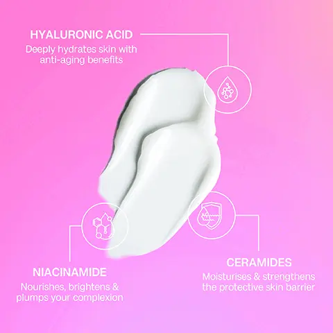Image 1 - Image shows a creamy white substance on a pink background, with labels indicating HYALURONIC ACID with a description of deeply hydrates skin with anti-aging benefits, NIACINAMIDE with a description of nourishes, brightens, and plumps your complexion, and CERAMIDES with a description of moisturizes and strengthens the protective skin barrier.
Image 2 - A close-up of a womans thigh with a white lotion being applied, alongside product packaging, with text that reads Self tan prep made easy, LEAVES SKIN SOFT & SMOOTH FOR AN IDEAL SELF TAN BASE, FAST DRYING, LIGHTWEIGHT FORMULA, and SUITABLE FOR SENSITIVE SKIN.
Image 3 - A smiling woman with a ponytail is applying a lotion to her arm against a pink background, with the text How to use and TIP 1 Apply liberally all over the body, focusing on dry areas including elbows, knees & ankles. TIP 2 The weightless formula will absorb into the skin in seconds, leaving no greasy residue. Perfect as a daily moisturiser or a base in your self tan routine.