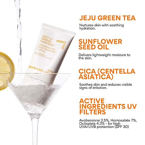Image 4 - A stream of water pours into a martini glass containing a lemon slice and a white Innisfree sunscreen tube labeled DAILY UV DEFENSE SUNSCREEN, HIGH PROTECTION HAUTE PROTECTION, (UVA) SPF 30, FACE SUNSCREEN, CRÈME SOLAIRE POUR LE VISAGE, innisfree, 50mL 1.69 Fl. Oz., with descriptive text on the right reading JEJU GREEN TEA Nurtures skin with soothing hydration.; SUNFLOWER SEED OIL Delivers lightweight moisture to the skin.; CICA (CENTELLA ASIATICA) Soothes skin and reduces visible signs of irritation.; and ACTIVE INGREDIENTS UV FILTERS Avobenzone 2.5%, Homosalate 7%, Octisalate 4.3% - for high UVA/UVB protection (SPF 30). Image 5 - A white tube of Innisfree Daily UV Defense Sunscreen is shown with a line of product squeezed out, featuring text KOREAN SPF 30 + DEWY GLOW, 93% felt that the texture is light*, 90% felt the product doesnt leave any white cast*, 86% felt their skin looks dewy and more radiant*, *Based on a 14-day independent consumer study on 30 women aged 20-35, and on the tube DAILY UV DEFENSE SUNSCREEN™, HIGH PROTECTION HAUTE PROTECTION UVA SPF 30, FACE SUNSCREEN CRÈME SOLAIRE POUR LE VISAGE, Innisfree 50mL 1.69 Fl. Oz. Image 6 - A white product tube dispenses a wavy line of cream, with visible text reading NO WHITE CAST, ALL GLOW, innisfree 50 mL 1.69 Fl. Oz., Glowy finish, Oxybenzone + Octinoxate-free, and SPF 30 protection against UVA & UVB Rays. Image 7 - A smiling person with dark skin and yellow nail polish has a white smudge of cream on their cheek, with text reading WHO IS THIS GOOD FOR? and a list of benefits: Glow seekers, Dull or dry skin, Everyday sun protection, Those avoiding white cast.
