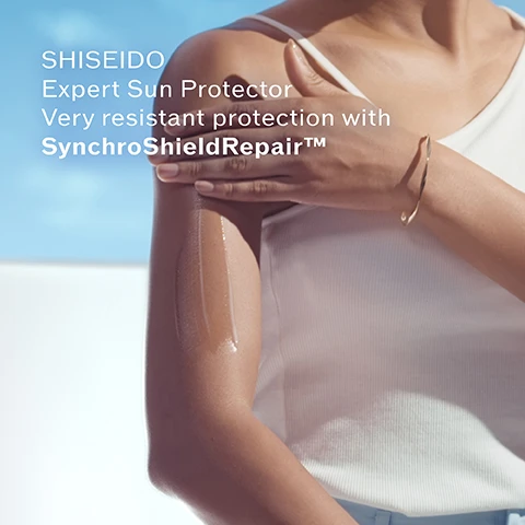 Image 1, sheshedio expert sun protector very resistant protection with synchro shield repair. image 2, safflower extract for beautified and plumped skin. algae complex for hydrated and smoothed skin. image 3, new synchro shield repair. wet force strengthens the protection veil in contact with water plus heat force boost the protection veil in hot water. auto repair - the protection veil repairs itself in case of friction. image 4, 90% plant derived plastic bottle. without cap.
