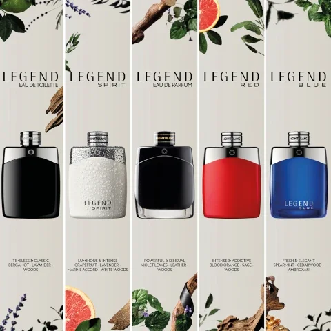 legend eau de toilette = timesless and classic, beragmot, lavendar, woods. legend spirit - luminous and intense - grapefruit, lavendar, marine accord, white woods. legend eau de parfum - powerful and sensual - violet leaves, leather and woods. legend red = intense and addictive - blood orange, sage and woods. legend blue - fresh and elegant - spearmint, cedarwood and ambroxan