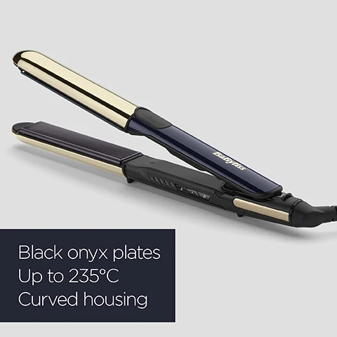 Image 1 - A sleek hair straightener with black onyx plates and gold accents, featuring controls on the side and text that reads Black onyx plates, Up to 235°C, Curved housing.
Image 2 - A close-up view of a BaByliss hair straightener showing the device with a sleek navy and gold design, featuring control buttons for adjusting heat settings from 150°C to 235°C, with the visible text stating 5 digital heat settings 150°C - 235°C.