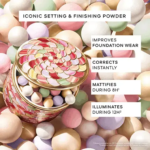Image 1, ICONIC SETTING & FINISHING POWDER IMPROVES FOUNDATION WEAR CORRECTS INSTANTLY MATTIFIES DURING 8H1 ILLUMINATES DURING 12H2 Clinical evolution on 28 Cocosion women and 1 African womon Evolution and instrumental test on 2 Cocoon women Image 2, MIX. SET. GLOW. 3 MADE-TO-MEASURE APPLICATION TECHNIQUES FOR A DIFFUSED VEIL OF RADIANCE Apply with the Météorites Brush all-over the face FOR A BLURRED RADIANCE Apply with the Météorites puff on the T-zone FOR A TARGETED HIGHLIGHT Apply with a precise brush on the face's highest points Image 3, FIND YOUR HARMONY FOR A TAILOR-MADE RESULT FOR ALL SKINTONES MATCH WITH YOUR GUERLAIN FOR A TONE-ON-TONE FOUNDATION SHADE SETTING FOR A TARGETED HIGHLIGHT FROM 00 TO 1 02 COOL/ROSÉ FROM 1.5 TO 2.5 02 COOL/ROSÉ 01 PEARLY WHITE/ BLANC DE PERLE 01 PEARLY WHITE/ BLANC DE PERLE FROM 3 TO 5 03 WARM/DORE 02 COOL/ROSE FROM 6 TO 9 04 AMBER/AMBRE 03 WARM/DORE Image 4, DESIGNED BY VIOLETTE LIGHT BOLD Image 5, TONE ON TONE POWDER FOR DARK SKIN 04 AMBER/AMBRE Image 6, TONE ON TONE POWDER FOR MEDIUM SKIN 03 WARM / DORÉ Image 7, TONE ON TONE POWDER FOR LIGHT SKIN 02 COOL / ROSÉ Image 8, ILLUMINATING POWDER FOR VERY LIGHT SKIN 01 PEARLY WHITE / BLANC DE PERLE