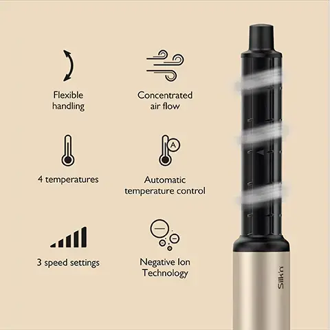 Image 1, Flexible handling ↓ 4 temperatures Concentrated air flow Automatic temperature control 3 speed settings Negative lon Technology Silk'n Image 2, Transform your hair dryer With just one click, SilkyAir Flex can be easily transformed from a powerful hair dryer into an all-in-one styling tool. Silk'n Silkn 090 Image 3, An attachment for each style The Silky Air Flex has five attachments for versatile styling: 2 autowrap, volumising brush, paddle brush, and concentrator. Image 4, The perfect curl Use our autowrap attachments for defined curls on both sides of your face. Our unique airflow ensures effortless styling while maintaining hair quality. Image 5, Volumising brush The oval shape lets you reach your roots more effectively, giving your hair added volume. Image 6, Paddle brush The paddle brush is perfect for drying and detangling your hair, while leaving it smooth and silky at the same time. Image 7, Concentrator The concentrator ensures a more concetrated airflow to quickly dry your hair and get a silky smooth result. Image 8, Silk'n 090 Dynamic LED display The LED display shows temperature settings at 39, 50, 70, and 90°C degrees, and three speed options for user convenience. image 9, before and after. concentrator attachment. dry hair with ultimate heat protection with the silkyair flex concentrator attachment. image 10, before and after. paddle brush attachment - create sleek hair with the silky air flex paddle brush attachment. image 11, before and after. oval brush attachment, create your perfect blow out look with silky air flex oval brush attachment. image 11, before and after. autowrap attachment. create bouncy curls with silky air flex autowrap attachment.