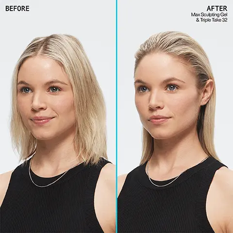 Before, After Max Sculpting Gel and Triple Take 32. Max Sculpting Gel, all-day hold, flake-free. New look! Step 1, dispense Max Sculpting Gel into hands. Step 2, slick back hair. Step 3, Set with Max Hold Hairspray. Pro-tip, for a more natural finish, combine with oil for all for softer, controlled styles. Formulated for flake-free hold, with orange zest oil, with castor oil.
