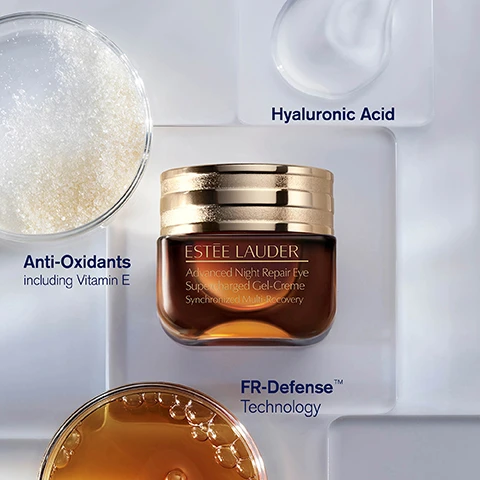 Image 1 - A jar of Estée Lauder Advanced Night Repair Eye Supercharged Gel-Crème is positioned at the center with a golden lid, surrounded by a glass dish of white granules, a clear gel, and a liquid with bubbles, featuring text that reads Anti-Oxidants including Vitamin E, Hyaluronic Acid, and FR-Defense Technology.
Image 2 - A flat lay of skincare ingredients includes a jar of Estee Lauder Revitalizing Supreme+ cream, surrounded by circular containers holding cactus leaves, a white flower, seeds, and a creamy substance, with labels reading Hyaluronic Acid, Cactus Stem Cell Extract, Hibiscus Morning Bloom Extract, and Moringa Extract along with their respective benefits: Nourish + Plump, Strengthen Barrier, Lift + Firm, and Anti-Oxidant Power.