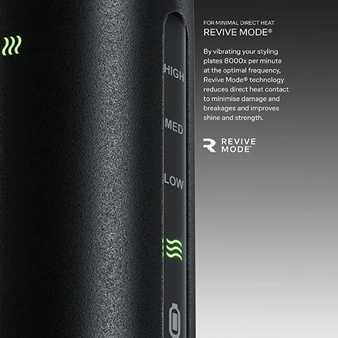 Image 1 - Close up of a black hair styling device showing heat levels HIGH MED LOW indicated by green lights and text explaining FOR MINIMAL DIRECT HEAT REVIVE MODE® By vibrating your styling plates 8000x per minute at the optimal frequency Revive Mode® technology reduces direct heat contact to minimise damage and breakages and improves shine and strength R REVIVE MODE®. Image 2 - A close up of a black hair styling tool showing a temperature indicator set to MED with text that reads FOR HEALTHIER STYLING 3 TEMPERATURE SETTINGS When it comes to heat, less is more. So take charge of the heat you use on your hair. Variable Temperature Control puts you in control. Whether it’s 160°C, 180°C, or 200°C – with the Original Cordless Iron, you decide. Image 3 - Close-up detail of a black hair styling tool plate with text overlay reading FOR A GLOSSIER FINISH SERICITE® PLATES Sericite®-infused, cushioned styling plates lock in moisture and distribute heat evenly to promote strength, frizz-free shine and long-lasting health. Image 4 - A close-up view of a black hair straightener highlighting features with text labels including Kinder Sericite Plates, Pressure-Reducing Revive Mode, and Personalised Temperature Control.