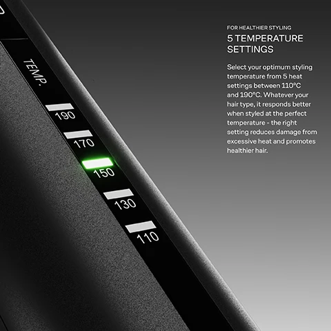 Image 1 - A close-up view of a black hair styling tool showing a temperature gauge with green light at 150 degrees and text that reads TEMP. 190 170 150 130 110 FOR HEALTHIER STYLING 5 TEMPERATURE SETTINGS Select your optimum styling temperature from 5 heat settings between 110C and 190C Whatever your hair type, it responds better when styled at the perfect temperature - the right setting reduces damage from excessive heat and promotes healthier hair. Image 2 - Shiny black bristles are shown in rows receding into the distance, with text on the right side reading FOR A GLOSSIER FINISH SERICITE® BRISTLES This tool is infused with our moisture-locking Sericite® bristles, designed to smooth frizz and promote healthy shine. Image 3 - Close up of a black hairbrush head with silver-tipped bristles next to text reading MORE GRIP TENSION BALANCE TECHNOLOGY With carefully angled flat bristles, Tension Balance technology creates the perfect amount of pull to reduce breakage and promote long-lasting health. Image 4 - A black hair styling brush with visible text Cloud Nine 01 Kinder Sericite Bristles 02 Tension Balance Technology 03 Personalised Temperature Control. Image 5 - A black hot brush is shown with text describing its features A. MINERAL-INFUSED BRISTLES This tool is infused with our signature moisture-locking mineral, Sericite. For hair thats stronger. Shinier. Smoother. Root to tip. B. HAIR TAME TESSELLATION™ Designed with Hair Tame Tessellation™, the CLOUD NINE Original Hot Brush features flat bristles, cleverly positioned at calculated angles to create the perfect amount of pull. C. VARIABLE TEMPERATURE CONTROL The CLOUD NINE Original Hot Brush can be set at a range of heats. To suit a range of hair types. Meaning you can style at the healthiest temperature for you. CLOUD NINE.