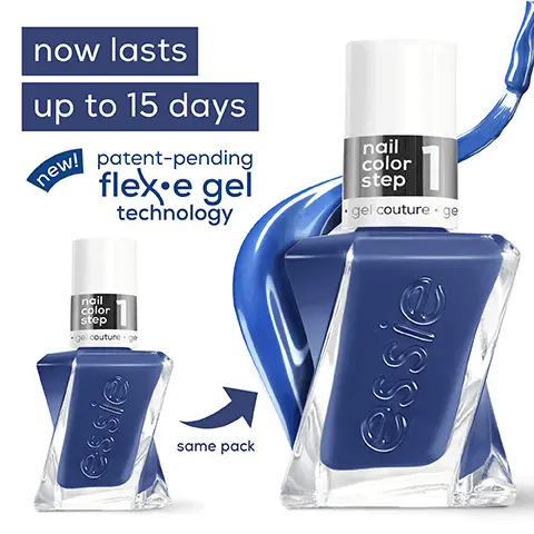 Image 1, now lasts up to 15 days new! patent-pending flex e gel technology nail color step Image 2, up to 15 days of 23 gel-like wear Image 3, glass-like shine triple shine complex gelovessie Image 4, 2 easy steps no UV lamp nail color step top coat step elcouture ge gel couture ge colour top coat Image 5, swirl stem brush nail color step el couture g controlled application even product distribution smooth & plump result gelyessie