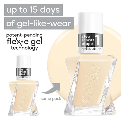 Image 1 - A bottle of Essie nail polish with a white cap labeled step 1 next to a beige polish swatch, featuring text that reads up to 15 days of gel-like-wear and patent-pending flex·e gel technology, along with an arrow pointing to the bottle that says same pack.
Image 2 - A hand with neatly manicured, light beige nails holds a bottle of Essie nail polish, with the text glass-like shine and triple shine complex visible in the background.
Image 3 - Image shows two bottles of nail polish side by side, labeled colour and top coat with the numbers 1 and 2 respectively, both marked as step along with gel couture branding.
Image 4 - Two circular logos with a gray background; one states vegan formula with no animal-derived ingredients or by-products, and the other states committed to no animal testing.