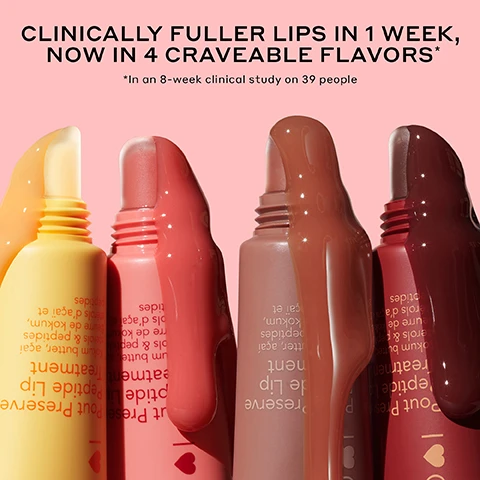 Image 2 - Four tubes of lip treatment in yellow, pink, brown, and dark red with product spilling out, against a pink background, with text that reads CLINICALLY FULLER LIPS IN 1 WEEK, NOW IN 4 CRAVEABLE FLAVORS* *In an 8-week clinical study on 39 people, and visible text on the tubes including Pout Preserve Peptide Lip Treatment and ingredient lists. Image 3 - A grid of six close-up images shows three different peoples lips before and immediately after applying a lip treatment, with the after images displaying a glossy, smoother, and fuller appearance. Text reads: Pout Preserve Lip Treatment Crème Brûlée Before Immediately After. Image 4 - A nude-colored Ole Henriksen Pout Preserve Peptide Lip Treatment tube, with product visibly dripping from its applicator onto a caramelized pastry, features the text: OLEHENRIKSEN, Pout Preserve Peptide Lip Treatment, Kokum butter, açai sterols & peptides, Beurre de kokum, stérols daçai et, INSTANTLY reduces the look of lip lines*, Clinically fuller-looking lips in 1 WEEK*, INSTANTLY hydrates + improves elasticity*, and *In an 8-week clinical study on 39 people. Image 5 - The image shows a brown lip gloss swatch on a pink background with the title LIP-PLUMPING HYDRATION, surrounded by four ingredient callouts: pink bubbles representing LIP-SPECIFIC PEPTIDES Help make lips look more defined + fuller; sliced mango for KOKUM + MANGO SEED BUTTER Soothe, nourish + condition lips; cloudberries for SCANDINAVIAN CLOUDBERRY OIL Packed with antioxidants + moisture; helps soften lips; and acai berries for ACAI STEROLS Help strengthen skin barrier + boost hydration. Image 6 - Three glossy sw swatches of cosmetic product in yellow, coral, and nude shades on a pink background, with the text SHEER GLOSSY FINISH INDULGENT FLAVORS LONG-LASTING HYDRATION. Image 7 - A grid displays four cosmetic tints with glossy finishes: top left shows an orange-yellow tint labeled ORIGINAL CITRUS SUNSHINE Sheer tint Fresh citrus scent; top right shows a mauve-pink tint labeled BESTSELLER STRAWBERRY SORBET Mauve pink tint Freshly picked strawberry scent; bottom left shows a beige-nude tint labeled NEW CRÈME BRÛLÉE Beige-nude tint Vanilla brown sugar scent; and bottom right shows a deep chocolate brown tint labeled TIKTOK FAVORITE COCOA CRÈME Chocolate brown tint Rich hot chocolate scent.