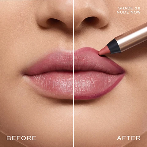 image 1, before and after. image 2, get fuller looking lips. step 1 = outline your lips with a deeper neutral shade of lip idole lip shaper. step 2 = fill in your lips with a lighter shade of lip idole squalane.