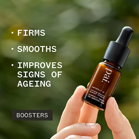 Image 1 - A person holding a small amber bottle of skin serum with the text FIRMS, SMOOTH, IMPROVES SIGNS OF AGEING and BOOSTERS on the left side.
Image 2 - A brown glass dropper bottle with a clear dropper above it, displaying text that states 81% said skin felt firmer, and includes vegan and certification icons, along with a note about an independent consumer trial of 113 subjects.