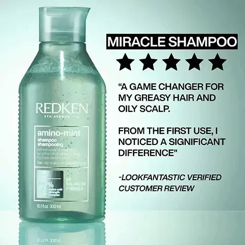 Image 1 - A clear shampoo bottle labeled Miracle Shampoo from Redken, containing a green liquid, with a five-star rating graphic and a customer review quote about its effectiveness for greasy hair and oily scalp.
Image 2 - A close-up of a shampoo bottle with a open cap showing a dollop of cream, and text stating 10X smoother, 10X easier to detangle, and 7X more conditioned.
Image 3 - A side-by-side comparison of two images showing long, straight hair; the left side is labeled BEFORE with slightly frizzy hair, and the right side is labeled AFTER* with sleek, shiny hair.
Image 4 - A close-up of white cream or lotion with the text Argan Oil Helps Moisturise Dry Hair overlaid on top.
Image 5 - Image shows two bottles of Redken hair care products labeled all soft and redken. There is a five-star rating at the top and a customer review stating I CAN HONESTLY SEE WHAT THE HYPE IS AND WHY HAIRDRESSERS USE THIS IN SALONS. IT MADE MY HAIR SO INCREDIBLY SOFT, SMOOTH AND FEELING SO HEALTHY. Below the review, it notes RECEIVED THE PRODUCT TO TRY FROM MARIE CLAIRE BEAUTY DRAWER, FEB 2023. Image 6 - REDKEN 5TH AVENUE NYC amino-mint shampoo shampooing. refresh scalp & moisturize lengths/rafraîchit les racines hydrate les longueurs. for: oily scalp/cuir chevelue gras MIN 7 % PH BALANCED amino acid FORMULA strength complex 10.1 fl oz 300 ml 15 300 PH CLEANSE OILY SCALP BALANCE HAIR'S PH SOOTHE IRRITATION Image 7 - AMINO ACID STRENGTH COMPLEX REDKEN 5TH AVENUE NYC amino-mint shampoo shampooing refresh scalp & moisturize lengths/rafraîchit les racines hydrate les longueurs for: oily scalp/cuir chevelue gras MINT+ 20%2 PH BALANCED amino acid FORMULA strength complex 10.1 fl oz 300 ml BO FORMULATED WITH MINT Image 8 - BEFORE AFTER ONE USE OF AMINO MINT SHAMPOO