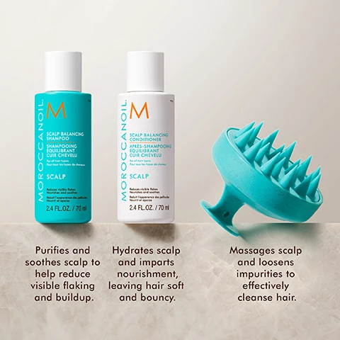 Image 1 - Image features two bottles of Moroccanoil hair care products, labeled Scalp Balancing Shampoo and Scalp Balancing Conditioner, with a turquoise scalp massager beside them, and includes text stating that the shampoo purifies and soothes the scalp to help reduce visible flaking and buildup while the conditioner hydrates the scalp and imparts nourishment, leaving hair soft and bouncy.
Image 2 - Image features four skincare ingredients summarizing their benefits: argan oil, salicylic acid, botanical therapy blend, and niacinamide, with each ingredient accompanied by a visual representation and descriptive text.
Image 3 - Image features various natural elements like flowers and oil droplets, with text stating 91% showed clinical improvement in scalp hydration and 88% showed a reduction in flakes and residue, based on an independent lab study.