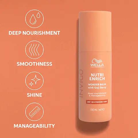 DEEP NOURISHMENT, SMOOTHNESS, SHINE, MANAGEABILITY. INSTANT DEEP NOURISHMENT. BEFORE with non-conditioning shampoo. NUTRI ENRICH with Nutri-Enrich shampoo, mask, Wonder Balm and blow dry. DERMATOLOGICALLY TESTED*, GENTLE TO HAIR, GENTLE TO SKIN GENTLE TO SKIN* * NE Shampoo. 01. Apply on hands and distribute evenly on towel-dried hair lengths and ends. 02. Style as usual. SHORT HAIR I PUMP MEDIUM LENGTH 1-2 PUMPS LONG HAIR 2-3 PUMPS. GOJI BERRY EXTREMELY RICH IN VITAMINS, MINERALS AND PEPTIDES. NEW DESIGN. SAME GREAT FORMULA.