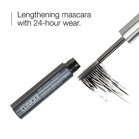 Image 1, CLINIQUE Lengthening mascara with 24-hour wear. lash power mascara long-wearing formula mascara extension visible formule longue tenue Image 2, Before After application Image 2,