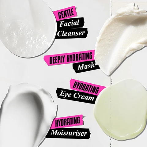Image 1, gentle facial cleanser, deeply hydrating mask, hydrating eye cream, hydrating moisturiser. image 2, deeply hydrates skin. image 3, our formula with - squalane, glycerin, avocado oil, glacial glycoprotein. image 4, deeply cleanses skin, strengthens skin barrier, stabilises moisture barrier. image 4, deluxe size, travel size, full size, deluxe size.