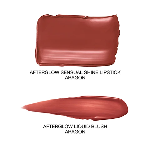 image 1, swatches of afterglow sensual shine lipstick aragon. after glow liquid blush in aragon. image 2, swatches of afterglow sensual shine lipstick aragon. after glow liquid blush in aragon on three different skin tones.