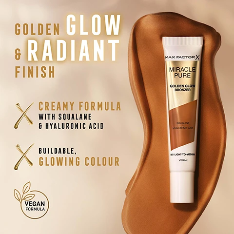 image 1, golden glow and radiant finish. creamy formula with squalane and hyaluronic acid. buildable, glowing colour. vegan formula. image 2, bronzes, highlights and contours. in 2 shimmery shades. before and sun-kissed and glowing after. image 3, summer glow in a tube. for sun kissed skin all year round. image 4, discover the miracle pure range and build your effortless and natural makeup look. miracle pure golden glow bronzer. miracle pure infused blush. miracle pure eye enhancer. miracle pure skin reset 2 in 1 serum foundation.