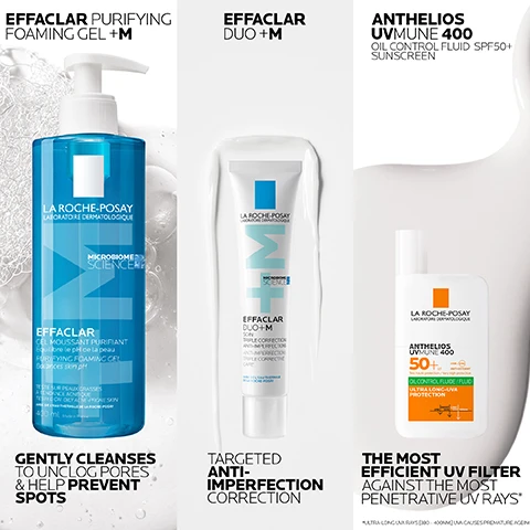 image 1, effalcar purifying foaming gel - gentle cleanses to unclog pores and help prevent spots. effalcar duo = targeted anti-imperfection correction. anthelios UV mune 400 = the most efficient UV filter against the most penetrative UV rays. image 2, 1 = effaclar purifying foaming gel. 2 = effaclar duo. 3 = anthelios UV mune. image 3, 1 = cleanse with water apply to whole face morning and or night. 2 = correct, apply after cleansing your skin with effaclar foaming gel. 3 = protect, apply a teaspoon of sunscreen to face and neck reapply every 2 hours. image 4, non comedogenic, blemish prone skin, also suitable for those who may be prone to acne. foaming gel texture. non greasy, non comedogenic. gel cream texture, mattifying and hydrating. dry touch, non sticky, no white marks. mattifying effect suitable for oily skin. image 5, visible results in 8 hours.