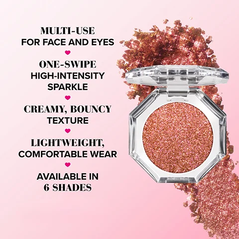 Image 1 - A round, rose-gold cosmetic compact is centered on a light pink background with sparkling glitter, accompanied by text stating multi-use for face and eyes, one-swipe high-intensity sparkle, creamy bouncy texture, lightweight comfortable wear, and available in 6 shades.
