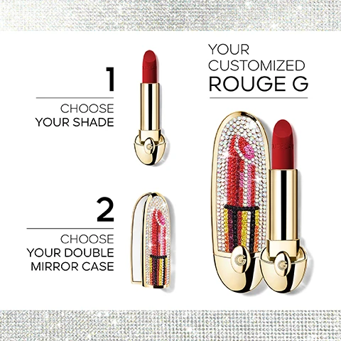 image 1, 1 = choose your shade. 2 = choose your double mirror case. your customised rouge G. image 2, 980 le rouge fabuleux velvet.