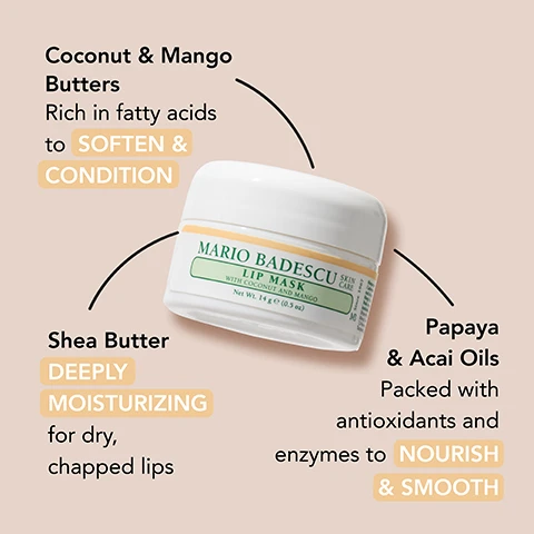 Image 1 - An image of a white lip mask jar labeled MARIO BADESCU LIP MASK with text highlighting the ingredients: Coconut & Mango Butters Rich in fatty acids to SOFTEN & CONDITION, Shea Butter DEEPLY MOISTURIZING for dry, chapped lips, and Papaya & Acai Oils Packed with antioxidants and enzymes to NOURISH & SMOOTH.
Image 2 - A flat lay image features three lip care products: a lip balm tube labeled Lip Balm SMOOTH, BUTTERY comfort for everyday softness, a jar labeled Lip Mask RICH, JELLY-LIKE HYDRATION when your lips need extra love, and a text bubble stating Both keep your lips happy—just depends on your mood.