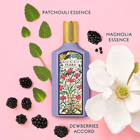 Image 3 - A purple perfume bottle with a floral label is surrounded by mint leaves, blackberries, and a magnolia flower, with text reading PATCHOULI ESSENCE, MAGNOLIA ESSENCE, DEWBERRIES ACCORD, and GUCCI FLORA GORGEOUS MAGNOLIA on the bottle. Image 4 - A woman lies among many flowers holding a yellow bottle, with the Hollywood sign behind her and the text GUCCI FLORA overlaid. Image 5 - Four colored Gucci Flora Gorgeous perfume bottles, purple, pink, yellow, and teal, displayed among various flowers GORGEOUS MAGNOLIA MAGNOLIA ESSENCE DEWBERRIES ACCORD PATCHOULI ESSENCE GUCCI FLORA GORGEOUS MAGNOLIA GORGEOUS GARDENIA WHITE GARDENIA GRANDIFLORUM JASMINE PEAR BLOSSOM GUCCI FLORA GORGEOUS GARDENIA GORGEOUS ORCHID VANILLA ORCHID VANILLA DUO OZONIC ACCORD GUCCI FLORA GORGEOUS ORCHID GORGEOUS JASMINE GRANDIFLORUM JASMINE MAGNOLIA ACCORD MANDARINE ESSENCE GUCCI FLORA GORGEOUS JASMINE.