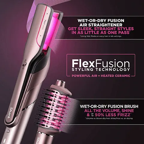 Image 1 - A sleek, pink and silver air straightener is displayed with text detailing its features, including Wet-or-Dry Fusion Technology, FlexFusion Styling Technology, and claims of achieving sleek, straight styles in one pass while reducing frizz by 50%.
Image 2 - A woman with long, wavy hair smiles while holding a hair straightener; the image includes text that reads: Wet-or-Dry Fusion Air Straightener, Style wet hair with no heat damage & re-style dry hair without washing, Go from wet to wow, OR from dry to dazzling.
Image 3 - Image shows a side-by-side comparison of a woman with curly hair on the left labeled Before and the same woman with straight hair on the right labeled After, along with a hair straightener at the bottom that reads WET-OR-DRY FUSION AIR STRAIGHTENER Get silky, shiny, straight results on wet or dry hair.
Image 4 - A woman with long, straight blonde hair smiles while holding a Wet-or-Dry Fusion Brush, with two before-and-after images showing the transformation from wet to styled hair and from dry to styled hair, accompanied by the text Go from wet to wow and OR from dry to dazzling.
Image 5 - Image shows a side-by-side comparison of a woman with gray hair before and after using 32mm auto-wrap curlers, highlighting her transformed hairstyle with soft curls and a smiling expression, accompanied by the text: 32mm AUTO-WRAP CURLERS Curl in seconds with no heat damage.
Image 6 - Image shows a side-by-side comparison of a woman with long, wavy hair before and after using a hair tool. The left side displays her hair in a natural, frizzy state, while the right side shows her hair smooth and styled. Below the images, there is visible text that reads WET-OR-DRY FUSION BRUSH Bring body, bounce, and shine to both wet and dry hair.
Image 7 - A woman with light brown hair shows her hairstyle in two photos labeled Before and After, with visible text reading STYLING CONCENTRATOR Effortlessly create sleek, straight styles.
Image 8 - Image shows a side-by-side comparison of a woman with curly hair labeled Before on the left and After on the right, with a close-up of a curl-defining diffuser at the bottom and the text CURL-DEFING DIFFUSER Lift & define bouncy, natural curls.
Image 9 - A smiling woman holds a hairdryer that emits a stream of mist toward her hair, with a badge that reads SCALP SHIELD and text below saying EASILY ACTIVATE SCALP SHIELD MODE WITH THE TOUCH OF A BUTTON.Image 10 - Image shows various hair styling attachments for the Shark FlexFusion device, including a brush, curling attachments, and a diffuser, with the text EXCLUSIVE ATTACHMENTS Included tools are only compatible with FlexFusion.
Image 11 - An arrangement of hair styling tools on a light pink podium includes a wet-or-dry fusion air straightener, wet-or-dry fusion brush, 32mm auto-wrap curlers, a styling concentrator, a curl-defining diffuser, and a storage case, with the text WHATS INSIDE THE BOX and INCLUDES STORAGE CASE prominently displayed.
Image 12 - Three women with different hairstyles and skin tones stand side by side, showcasing diverse looks, with the text FOR ALL HAIRKIND above them.