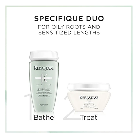 Image 1 - Image shows two hair care products from the Kérastase brand: a green shampoo bottle labeled SPECIFIQUE BAIN DIVALENT for oily roots, and a white treatment mask labeled SPECIFIQUE MASQUE RÉVÉLATEUR; text on the image reads SPECIFIQUE DUO FOR OILY ROOTS AND SENSITIZED LENGTHS.
Image 2 - A green and white box labeled Kérastase Paris with the word Divalent, featuring icons indicating the packaging is made of 89% recycled fibers, is recyclable, and is certified FSC.