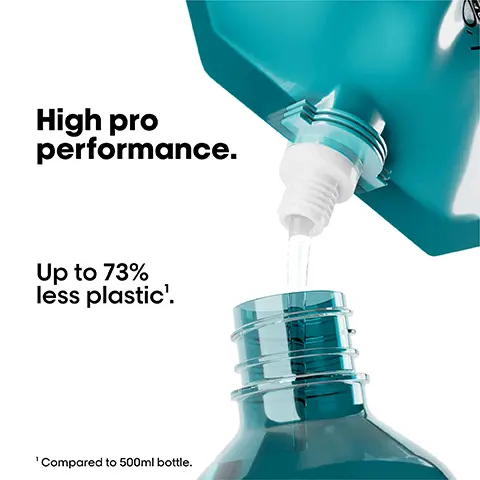 Image 1 - The image shows a turquoise bottle and dispenser with a product being poured out, accompanied by text that reads High pro performance. Up to 73% less plastic. Compared to 500ml bottle.
Image 2 - Image shows a LOreal Professionals Scalp Advanced hair care pack consisting of a large pouch labeled 1 pouch 500ml and a smaller bottle labeled 500ml, with the text Your 6-month pack and 3.5x washes per week.
Image 3 - A clear gel-like substance with bubbles is shown, accompanied by the text Comfort your scalp. Up to 83% added soothing, Up to 49% moisturised hair in 1 use.
Image 4 - A person shown from the back has frizzy hair on the left labeled Before and smooth, styled hair on the right labeled After, with hair care products displayed at the bottom. Not retouched.
Image 5 - Image showing a step-by-step guide on how to refill a shampoo bottle, with three numbered instructions: 01 Take your empty shampoo bottle. Do not rinse it. Unscrew the bottle & refill caps. 02 Take the refill pouch and pour it up slowly inside the bottle. 03 Screw the cap and use your shampoo as usual. Refill the bottle maximum 3 times.
Image 6 - Image shows a refill pouch of LOreal Professional Scalp Advanced shampoo alongside two bottles, one 500ml and one 300ml, with text that says Refill your bottles and details about the quantities of each.
Image 7 - Image shows a comparison of hair before and after treatment, with the before image on top showing a scalp with visible hair thinning and the after image below displaying fuller hair; two hair care products are shown beside the after image. Visible text includes Before and After along with Not retouched.
Image 8 - Image shows a series of four steps demonstrating how to use a product titled Scalp Advanced, including a small bottle, a large refill pouch, and instructions for pouring and dispensing the product. Visible text includes LOreal Paris Scalp Advanced, with additional text indicating the steps for use.
Image 9 - A display of various hair care product bottles and refill pouches arranged neatly, featuring visible text stating New refills. Available for all top sellers.
