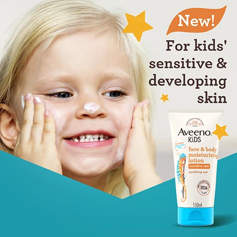 Image 1 - A smiling child applies lotion to their face, with a tube of Aveeno Kids face and body moisturizing lotion beside them, displaying text that states New! For kids sensitive & developing skin and 150ml.
Image 2 - A tube of Aveeno Kids face and body moisturizing lotion is shown alongside a light background that lists its features: Free from parabens & dyes, Gentle fragrance, Non greasy, Fast-absorbing; the tube is labeled for sensitive skin with a soothing oat symbol and is 150ml in size.
Image 3 - A clear hexagonal dish holds golden oat husks with text above that reads Enriched with soothing oat.
Image 4 - Image shows a set of four Aveeno Kids products arranged neatly, including shampoo, face and body moisturizing lotion, conditioner, and bubble bath and wash, on a light background with the text Helps nourish kids developing skin & hair from the 1st use* displayed prominently.
Image 5 - A tube of Aveeno Kids face and body moisturizing lotion featuring a colorful lizard illustration, with green circles stating Recycle Tube and 50% Recycled Plastic Tube* excluding cap.
Image 6 - A tube of Aveeno Kids face and body moisturizing lotion with a playful chameleon character next to it, on a bright blue background with text that reads Helps to preserve moisture barrier, protecting skin from the 1st use.