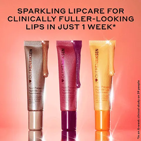 Image 1 - Three tubes of lip treatment in gold, pink, and orange colors are displayed against a gradient pink background, with the text SPARKLING LIPCARE FOR CLINICALLY FULLER-LOOKING LIPS IN JUST 1 WEEK* and *In an 8-week clinical study on 39 people.
Image 2 - Image showing a close-up of lips and teeth comparing before and after an application, with the top half displaying non-smiling lips labeled BEFORE and the bottom half showing a smiling individual with glossy lips and bright teeth labeled IMMEDIATELY AFTER, accompanied by the text WARNING: MAY CAUSE MICRO BURSTS OF JOY LINGONBERRY GLIMMER.
Image 3 - Image showing two rows of lips treated with Pout Preserve Lip Treatment Lingonberry Glimmer, with the top row labeled Before and the bottom row labeled Immediately After, displaying noticeable differences in color and glossiness.
Image 4 - Close-up of a shiny lip care product with a pink shimmer, featuring text that says INSTANLY reduces the look of lip lines*, INSTANLY hydrates + improves elasticity*, and Clinically fuller-looking lips in 1 WEEK* with a small note referencing a clinical study.
Image 5 - A tube of Ole Henriksen Pout Preserve Peptide Lip Treatment is centered among bright red berries, with the text HAS BEEN SHOWN TO DIMINISH SUNDAY SCARIES prominently displayed below.
Image 6 - A shiny, purple lip product is displayed with labels describing its ingredients and benefits, including Lip-Specific Peptides, Kokum + Mango Seed Butter, Acai Sterols, and Scandinavian Cloudberry Oil.
Image 7 - Three swatches of colored glimmer products with labeled descriptions: the top swatch is yellow labeled CITRUS SUNSHINE GLIMMER with sheer tint, gold glimmer, and fresh citrus scent; the middle swatch is beige labeled CRÈME BRÛLÉE GLIMMER with beige tint, rose gold glimmer, and vanilla brown sugar scent; the bottom swatch is magenta labeled LINGONBERRY JAM GLIMMER with magenta tint, silver glimmer, and sweet berry scent.