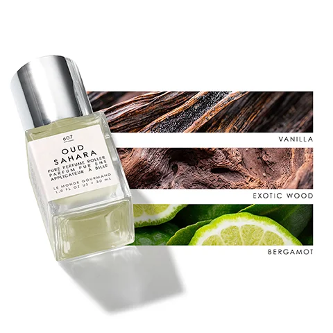 Image 1 - An upright perfume roller bottle labeled Oud Sahara is surrounded by three textured bands representing vanilla, exotic wood, and bergamot, with the visible text reading Oud Sahara, Pure Perfume Roller, Parfum Pur, Applicateur de Sens, and the brand name Le Monde Gourmand.