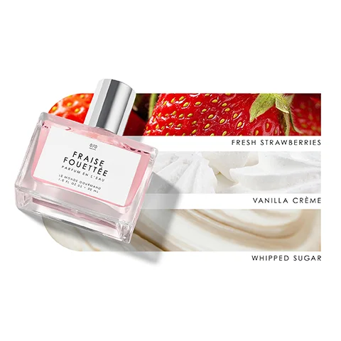 Image 3 - A clear glass perfume bottle with pink liquid and a silver cap is displayed, featuring a label that reads 070 Fraise Fouettée Parfum en LEau Le Monde Gourmand 1.0 FL OZ 30 ML, alongside visual elements representing its scent profile: strawberries with the text Fresh Strawberries, white whipped cream with the text Vanilla Crème, and a swirled light brown texture with the text Whipped Sugar.