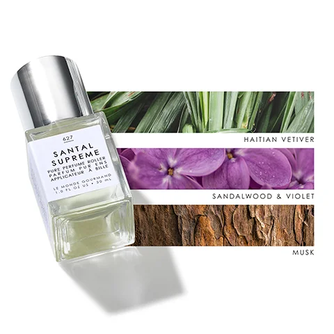Image 1 - A bottle of Santal Supreme perfume is positioned beside three color swatches labeled Haitian Vetiver, Sandalwood & Violet, and Musk, with the bottles label showing the name and volume.