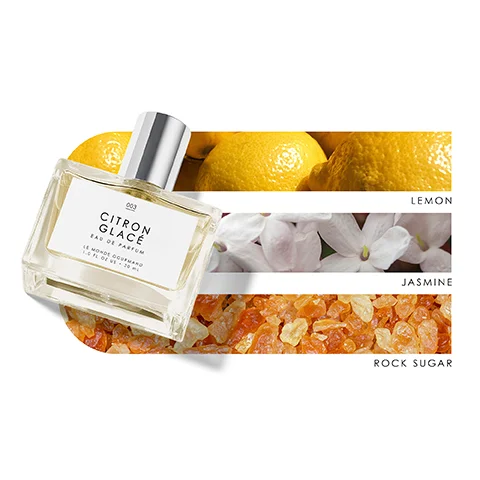 Image 1 - A perfume bottle labeled CITRON GLACE is shown alongside images of lemons, jasmine flowers, and rock sugar, with the words LEMON, JASMINE, and ROCK SUGAR positioned next to their respective images.