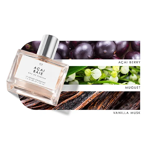 Image 1 - A perfume bottle labeled AÇAÏ BAIE is positioned in front of a background that features acai berries, lily of the valley flowers, and vanilla musk, with the text ACAI BERRY, MUGUET, and VANILLA MUSK displayed alongside.