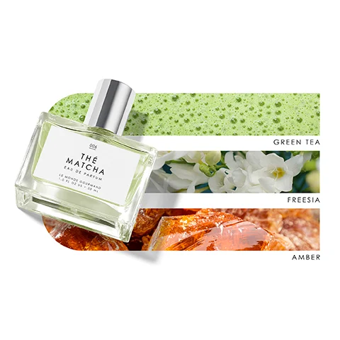 Image 1 - A bottle of perfume labeled THE MATCHA is positioned over a background featuring sections of green tea foam, white freesia flowers, and amber crystals, with the words GREEN TEA, FREESIA, and AMBER displayed next to their respective images.