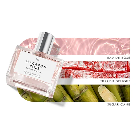 Image 1 - A glass perfume bottle labeled Macaron Rosé is positioned against a background divided into three sections featuring a pink water surface, red Turkish delight, and green sugar cane, with the text Eau de Rose, Turkish Delight, and Sugar Cane visible.