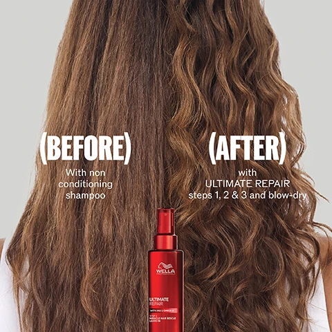 Image 1 - A split image showing the back of a person with long brown hair, the left side labeled (BEFORE) appears frizzy from non conditioning shampoo, and the right side labeled (AFTER) appears smoother and wavier after using ULTIMATE REPAIR steps 1, 2 & 3 and blow-dry, with a red Wella Professionals ULTIMATE REPAIR WITH AHA & OMEGA-9 STEP 3 MIRACLE HAIR RESCUE LEAVE-IN bottle visible at the bottom. Image 2 - A red spray bottle filled with red liquid featuring the Wella Professionals logo is shown against a dark red background, with the text REPAIR HAIR DAMAGE IN 90 SECONDS and WELLA™ PROFESSIONALS. Image 3 - A graphic illustration displays a translucent fluid shape on a light grey background, featuring two glossy red spheres, one labeled AHA and the other Omega-9, accompanied by text that reads PATENTED TECHNOLOGY, REBUILD BONDS INSIDE WITH AHA, and REPLENISH HAIR OUTSIDE WITH OMEGA-9. Image 4 - A split image shows the back of a persons head with dark hair, the left side displays frizzy hair labeled WITHOUT, while the right side displays smooth, shiny hair labeled WITH ULTIMATE REPAIR Night Serum. Image 5 - A white background displays two red Wella Professionals Ultimate Repair hair product bottles, a day formula on the left and a night formula on the right, along with a product drop and water droplets, with text reading YOUR DAY & NIGHT ROUTINE, DAY with a sun icon LONG LASTING INSIDE OUT REPAIR, NIGHT with a moon icon REPAIR & PROTECTION AGAINST NIGHT STRESSORS, and on the bottles WELLA PROFESSIONALS ULTIMATE REPAIR WITH AHA & OMEGA 9 MIRACLE HAIR RESCUE LEAVE-IN TRAITEMENT CAPILLAIRE MIRACULEUX SANS RINÇAGE 30 ML 1 FL OZ, and WELLA PROFESSIONALS ULTIMATE REPAIR WITH AHA & OMEGA 9 NIGHT SERUM SÉRUM DE NUIT 30 ML 1 FL OZ. Image 6 - A woman with long, flowing brown hair wearing a red satin top sits in a white bed, with white text on the right reading Repair & Protect Your Hair Overnight and 8HR Prolonged Effect in a circular graphic below. Image 7 - A woman with long, dark hair is holding a red bottle of Wella Professionals Ultimate Repair Night Serum with AHA & Omega-9, next to text that reads 91% SAID HAIR LOOKS MORE RADIANT*, 88% SAID HAIR FEELS SOFT*, and * Consumer usage test with 33 US women, 2023.