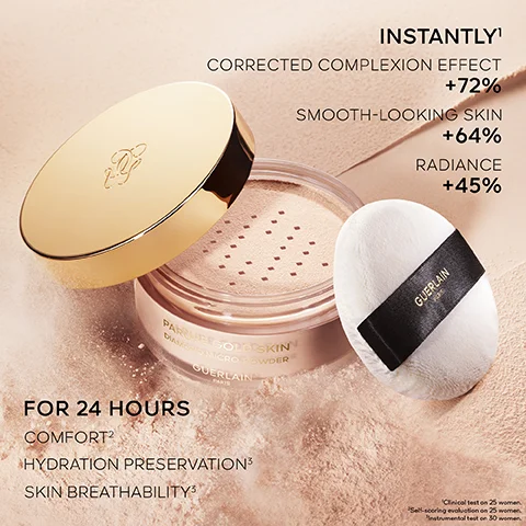 Image 1 - A close-up image of a jar of Guerlain powder with a gold lid, next to a white application puff and text stating Instantly Corrected complexion effect +72% Smooth-looking skin +64% Radiance +45% For 24 hours Comfort Hydration preservation Skin breathability.