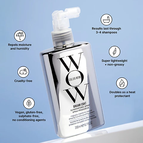 Image 1 - A silver rectangular Color Wow Dream Coat Supernatural Spray bottle with a clear pump sits on a light blue background, surrounded by icons and text highlighting its features: Repels moisture and humidity, Cruelty-free, Vegan, gluten-free, sulphate-free, no conditioning agents, Results last through 3-4 shampoos, Super lightweight + non-greasy, Doubles as a heat protectant. Image 2 - A white tube of COLOR WOW ONE-MINUTE TRANSFORMATION STYLING CREAM / CRÈME COIFFANTE, instantly remoisturizes + eliminates frizz and réhydrate instantanément + élimine les frisottis, 120 ml e 4.0 FL OZ, is shown with surrounding text detailing its benefits: Recondition dehydrated hair, Groom + gloss short hair, Erase dents from clips + ponytails, Get rid of static, STAT, Fake a blow-dry in minutes, Tame + de-puff swollen hair, Smooth + tame frizz, and Instantly banish bedhead.