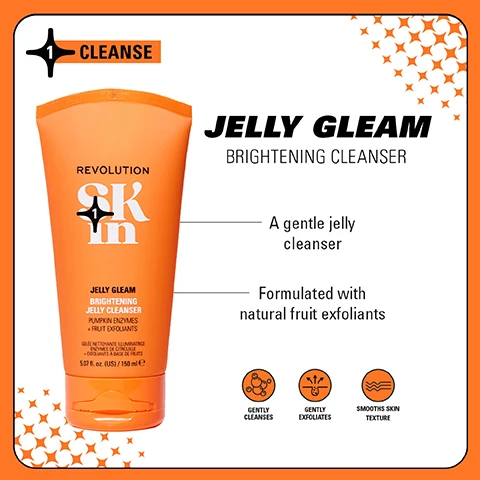 Image 1 - A bright orange tube of Jelly Gleam Brightening Cleanser from Revolution Skin, described as a gentle jelly cleanser formulated with natural fruit exfoliants, with icons indicating it gently cleanses and smooths skin texture.
Image 2 - A side-by-side comparison shows a woman’s face labeled Before on the left and After 4 Weeks on the right, with visible differences in skin brightness; below the images is the text Be Bright 4-Step Routine alongside product containers.
Image 3 - Four groups of skincare products are displayed on a colorful background: the top left features orange packaging labeled BE BRIGHT and a description of glow-boosting formulas for brighter skin, the top right shows blue packaging labeled HAPPY HYDRATE with text about skin quenching formulas to hydrate, the bottom left presents aqua packaging labeled CLEARLY CLARIFY describing expert formulas for blemish-prone skin, and the bottom right has pink packaging labeled GO GENTLE, which emphasizes soothing formulas for barrier support.
Image 4 - The image shows two tubes of facial cleanser side by side, with the left labeled PREVIOUS featuring a light pink tube with REVOLUTION SKIN BRIGHTEN FRUIT ACID & ENZYME CLEANSER, and the right labeled NEW PACKAGING showing an orange tube with REVOLUTION SKIN JELLY GLEAM BRIGHTENING JELLY CLEANSER, along with the text WEVE HAD A GLOW UP! and NEW LOOK. SAME INCREDIBLE FORMULA.
