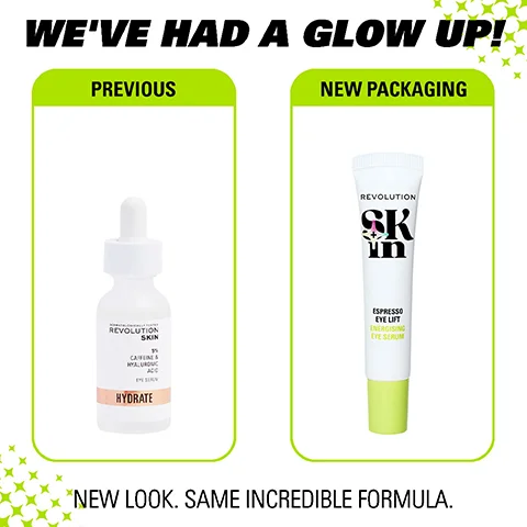 Image 1 - Image shows a comparison of two skincare product packages: on the left, a dropper bottle labeled HYDRATE from Revolution Skin, and on the right, a tube labeled Espresso Eye Lift from Revolution Skin, with the text WEVE HAD A GLOW UP! above and NEW LOOK. SAME INCREDIBLE FORMULA. below.