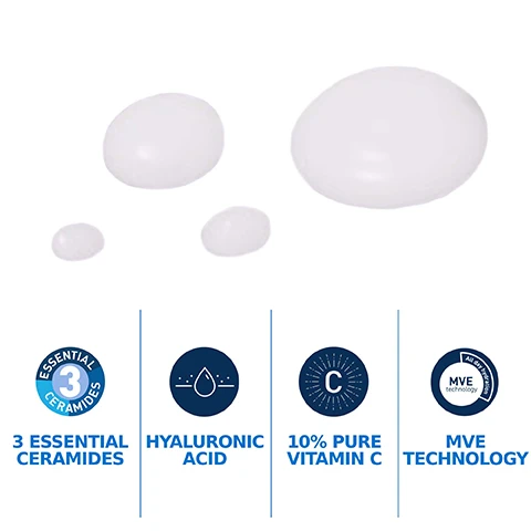 Image 1 - Three white, gel-like drops of varying sizes are displayed above text that reads 3 ESSENTIAL CERAMIDES, HYALURONIC ACID, 10% PURE VITAMIN C, and MVE TECHNOLOGY.
Image 2 - A person with brown skin holds a tube of CeraVe Skin Renewing Vitamin C Serum against a purple background, with text stating lightweight serum for morning use, reveal visibly brighter and smoother skin while strengthening the skin barrier, targets the first signs of ageing: skin texture, fine lines, dullness, and for all skin types even sensitive.
Image 3 - Image shows a collection of skincare products from CeraVe including a Hydrating Cleanser, Skin Renewing Vitamin C Serum, Skin Renewing Eye Cream, and Facial Moisturising Lotion, with the text BRIGHTENING MORNING ROUTINE at the bottom.
