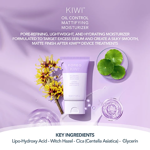 Image 1 - A light purple tube of Foreo Kiwi Oil Control Mattifying Moisturizer is displayed beside a small bowl of green leaves and water droplets, with text highlighting the products description and key ingredients including Lipo-Hydroxy Acid, Witch Hazel, Cica (Centella Asiatica), and Glycerin.
Image 2 - An arrangement of green leaves, a clear gel-like substance, and a creamy white product, with four checkmarked benefits listed: micro-exfoliating with Lipo-Hydroxy Acid, pore minimizing with Witch Hazel, repairing with Cica (Centella Asiatica), and hydrating with Glycerin, all set against a light purple background.
Image 3 - A smiling woman with curly hair applies cream to her face while holding a tube labeled Foreo Kiwi, and the image features text stating Dermatologist tested, Suitable for all skin types, and 79% natural origin ingredients.
Image 4 - Image showing a side-by-side comparison of skin, with the left side labeled BEFORE showing visible pores and blemishes, and the right side labeled AFTER showing smoother, clearer skin.
Image 5 - Image shows a layout of a skincare routine featuring FOREO products including a cleanser, mask, toner pads, and a mattifying moisturizer, with the text outlining the steps: Cleanse, Purify, Extract & Rejuvenate, Minimise, and Moisturise, along with a pro tip about using the mattifying moisturizer before makeup.